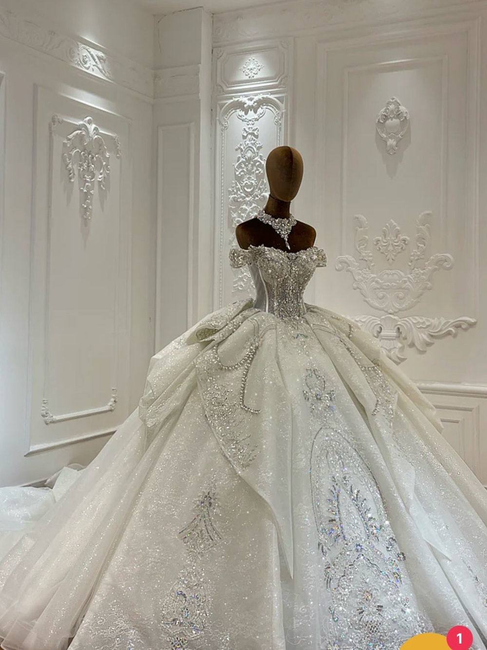 Off-Shoulder White Glitter Ball Gown Wedding Dress .